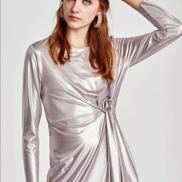 Zara Silver Metallic Mini Dress NWT L - Picture 5 of 5